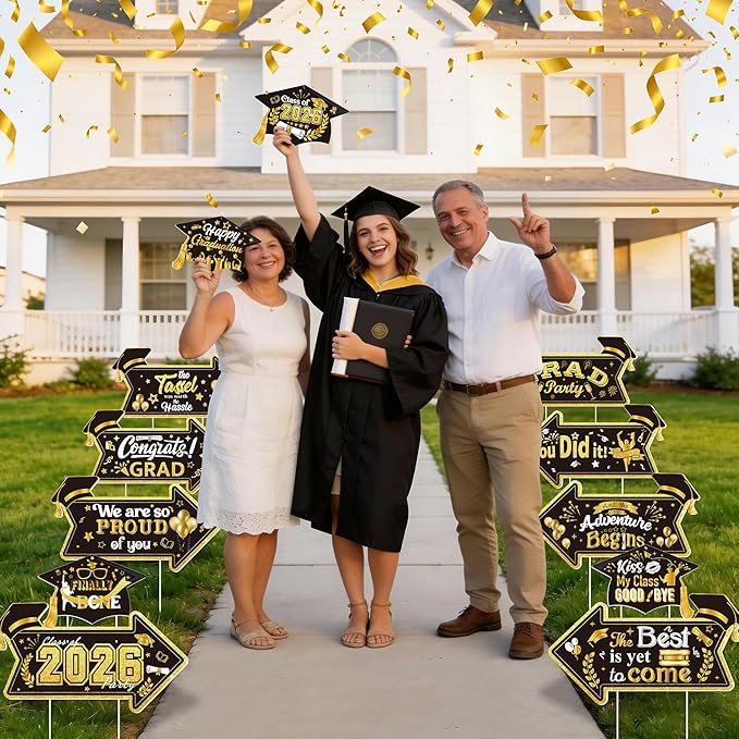2026 Graduation This Way Yard Sign Arrow for Outdoor Pathway,Graduation Cap Hanging Yard Signs,Black Gold Directional Yard Signs with Stakes Ribbon,Grad Party Decor for College High School