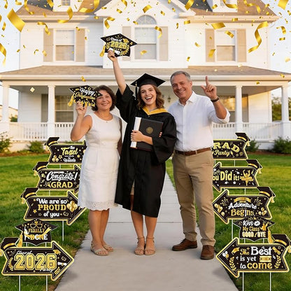 2026 Graduation This Way Yard Sign Arrow for Outdoor Pathway,Graduation Cap Hanging Yard Signs,Black Gold Directional Yard Signs with Stakes Ribbon,Grad Party Decor for College High School