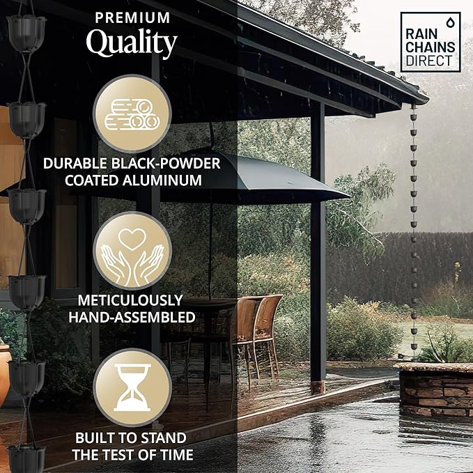 Rain Chains Direct - Flutes Rain Chain - 8.5 FT - Durable Black Powder-Coated Aluminum - Premium Rain Chains for Gutters