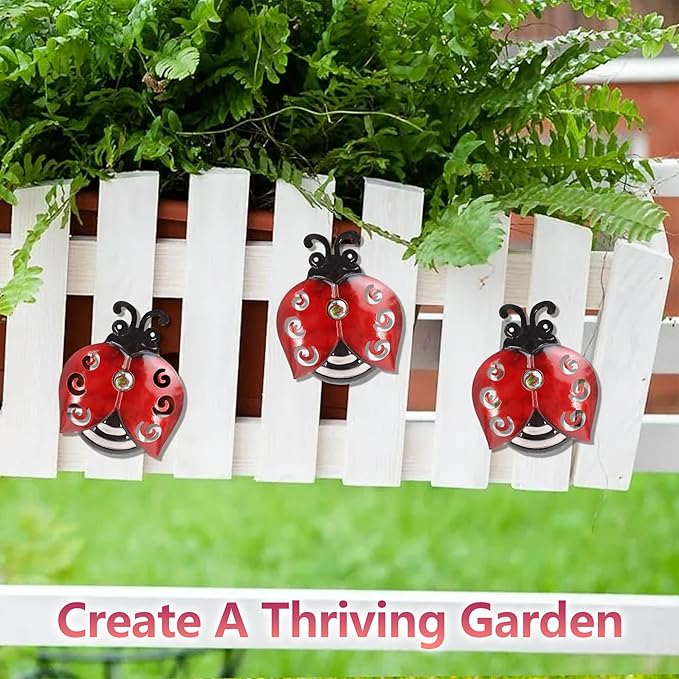 Metal Ladybugs Wall Art Decor, Large Ladybugs Wall Sculpture, Garden Decoration Hanging for Outdoor Garden Yard Lawn Patio, 9.5 * 7 Inch, 3 Pack, Gift for Family