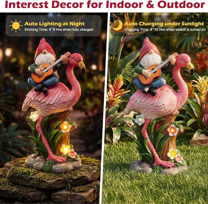 EXYGLO Solar Gnome Garden Decor Statue, 10" Gnome Riding Flamingo Outdoor Funny Decoration for Lawn, Patio, Yard, and Unique Housewarming, Birthday Ornament Gift for Mother, Friend, Family