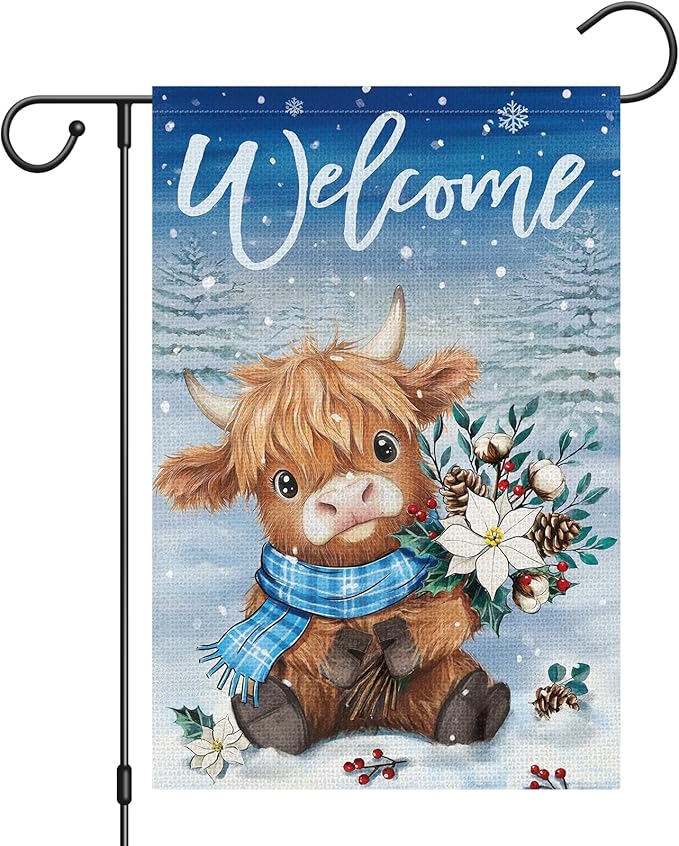 Heyfibro Welcome Winter Highland Cow Garden Flag 12x18 Inch Double Sided Burlap, Christmas Flower Pine Snowflake Snow Yard Flags for Seasonal Xmas Outside Outdoor Decoration (ONLY FLAG)