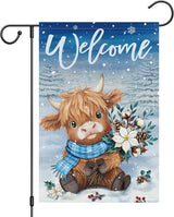 Heyfibro Welcome Winter Highland Cow Garden Flag 12x18 Inch Double Sided Burlap, Christmas Flower Pine Snowflake Snow Yard Flags for Seasonal Xmas Outside Outdoor Decoration (ONLY FLAG)
