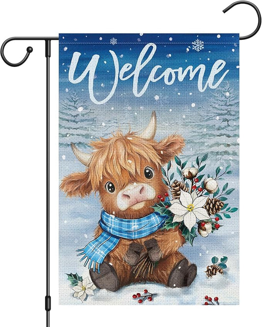 Heyfibro Welcome Winter Highland Cow Garden Flag 12x18 Inch Double Sided Burlap, Christmas Flower Pine Snowflake Snow Yard Flags for Seasonal Xmas Outside Outdoor Decoration (ONLY FLAG)