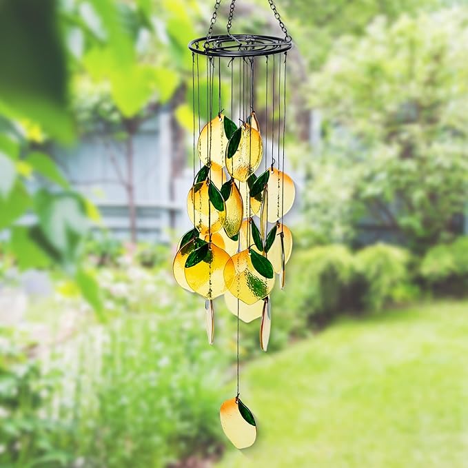 Lemon Stained Glass Wind Chime - Yellow Lemon Wind Chime Window Hanging Ornament Boho Suncatcher Art Pendant for Home Garden Backyard Outdoor Spring Decor Girl Women Birthday Housewarming Gift
