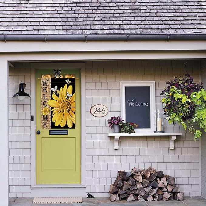 AVOIN colorlife Spring Summer Bee Sunflower House Flag 28x40 Inch Double Sided, Welcome Holiday Burlap Yard Outdoor Decoration