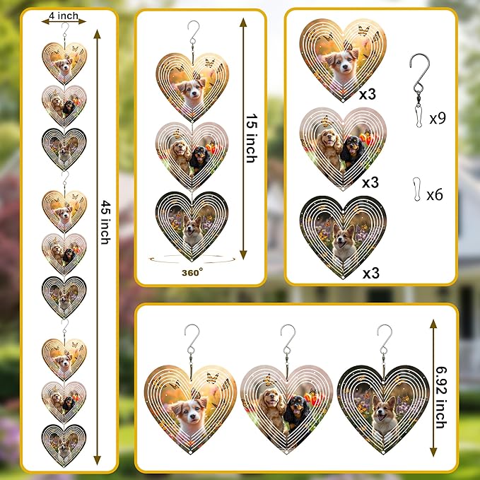 Wind Spinners Outdoor, Bird Repellent，3D Hearts Dog Pattern Hanging, 15 inches, Kinetic, Stainless-Steel Metal, Indoor and Outdoor Decoration for Garden, Patio, Yard, Gift for Women Mom Wife.