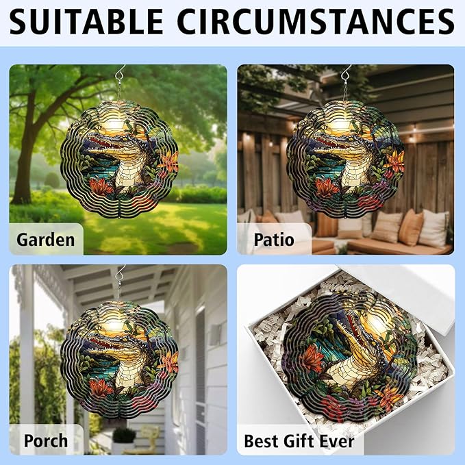 Crocodile Wind Spinner, Crocodile Stained Glass Wind Spinner, Wind Sculpture Crocodile Wind Spinners for Garden Patio Yard Decor