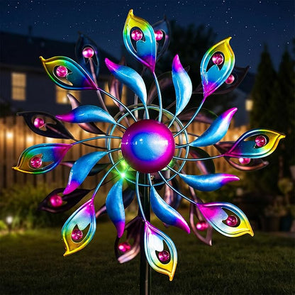 52'' Solar Wind Spinner Outdoor Metal - Kinetic Garden Wind Sculptures with Multi-Color Changing LED Glass Ball, Peacock Tail Design Yard Art Stake Decor for Patio, Lawn, Pathway Decoration