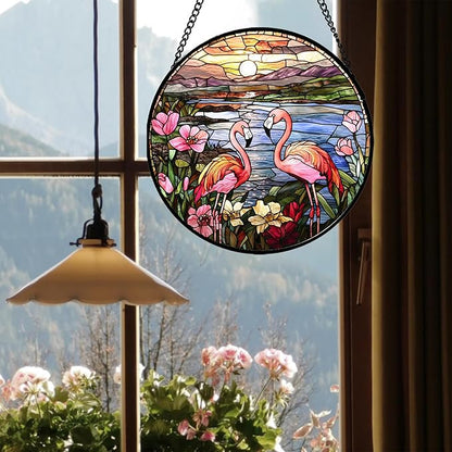 Stained Glass Window Hanging - Flamingo Wildflowers Landscape Suncatcher for Door Terrace Garden Home Decor Sunset Lake Sun Catcher Birthday Gifts for Lovers Women Men Dad Mom Nana 15 in