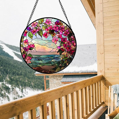 Stained Glass Window Hanging, Purple Flower Landscape Wreath Sun Catcher for Door Home Decor Plants Suncatcher Christmas Mother's Day Birthday Gifts for Women Men Mom Nana 15 in