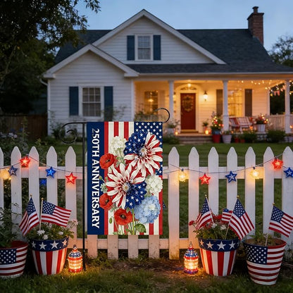250th Anniversary Garden Flag 12x18 Inch Double Sided, 4th of July Garden Flag with Colorful Flower Design, Red White Blue USA Flags, Garden Decoration for Independence Day, Summer Yard Decor