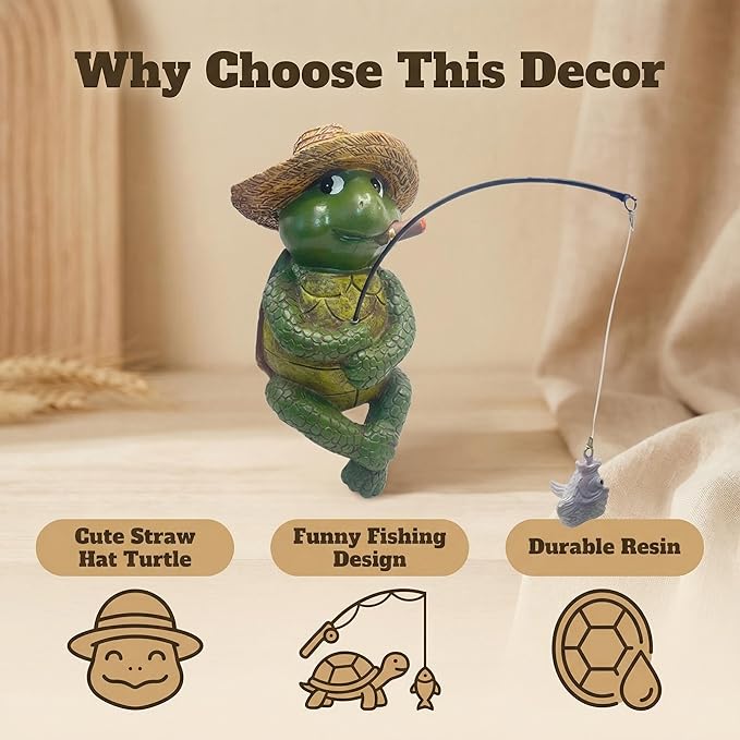 Tortoise Fishing Statue Garden Decor，9.8" Weatherproof Resin Tortoise Fishing Sculpture Decor for Fish Ponds, Koi Ponds, Waterfalls, Poolside Outdoor Gardens Resin Figurine for Indoor Outdoor Décor