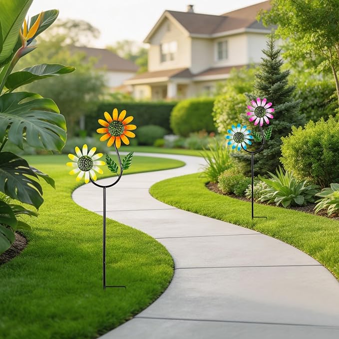 2 Pack Flower Wind Spinners Outdoor, Metal Wind Sculptures & Spinners with Stake, Colorful Windmill for Yard Patio Lawn Garden Decor, 31 x 10 Inches