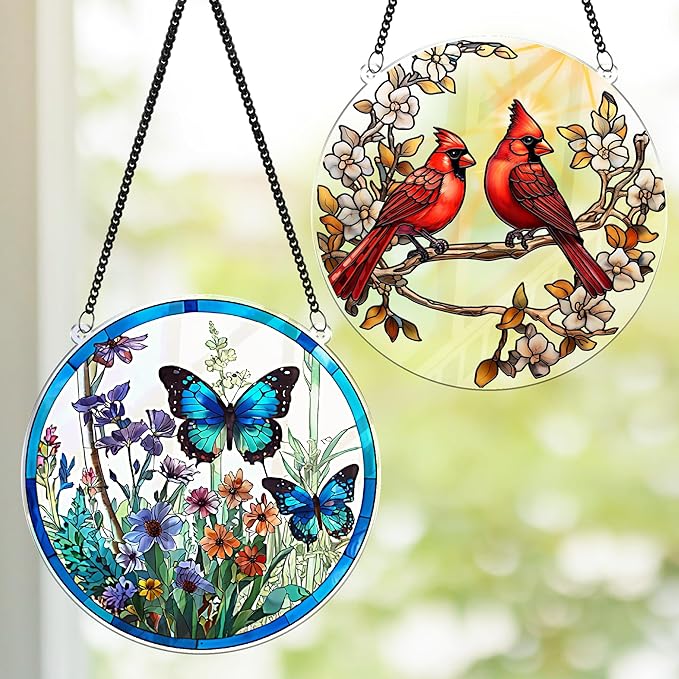 2 Cardinal Butterfly Acrylic Suncatchers, 6" Suncatchers for Window Hanging Indoor, Art Decor for Home, Garden, Housewarming, Gift for Mom, Grandma, Women, Friend, Bird Lover SCB-A6-B3