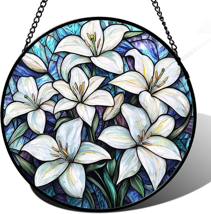 Stained Glass Window Hanging - White Lily Flowers Suncatcher for Door Terrace Garden Home Decor Blue Purple Sun Catcher Birthday Gifts for Lovers Women Men Dad Mom Nana 15 in