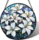 Stained Glass Window Hanging - White Lily Flowers Suncatcher for Door Terrace Garden Home Decor Blue Purple Sun Catcher Birthday Gifts for Lovers Women Men Dad Mom Nana 6.3 in
