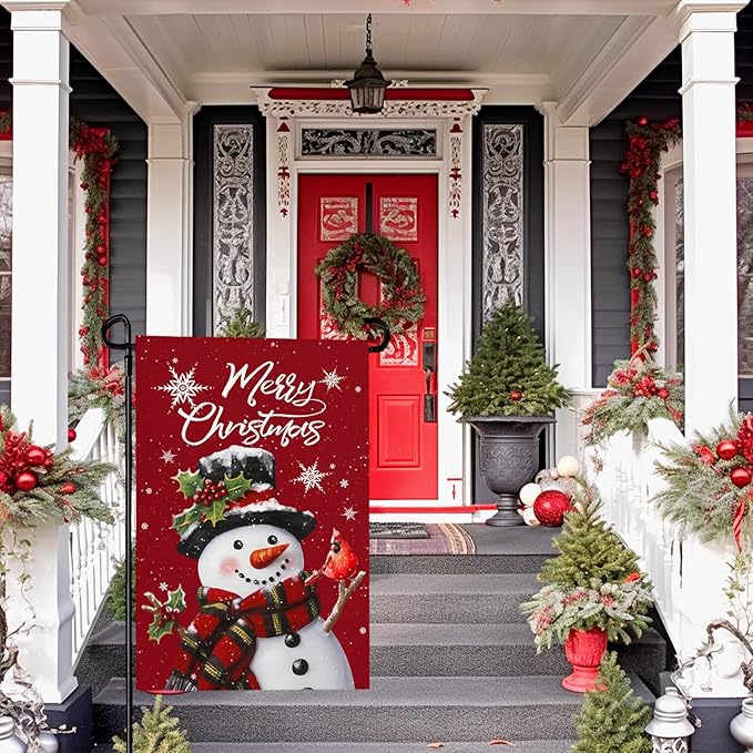 Snowman Merry Christmas Garden Flag Winter Yard Flags Red Xmas Snowman Garden Outdoor Decorations for Outside Small Xmas Flag Double Sided 12 x 18
