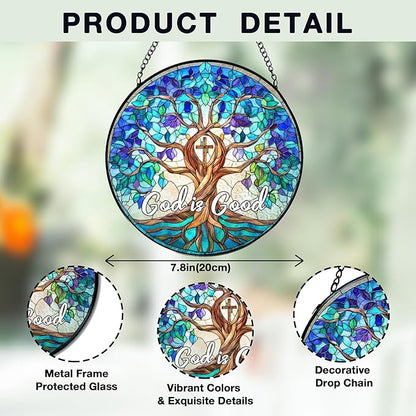 Christian Blue Tree of Life Stained Glass Window Hanging, Tree of Life Stained Glass, God is Good Sun Catchers Indoor Window Decor Birthday for Home Windows Garden Church, 7.9x7.9inch