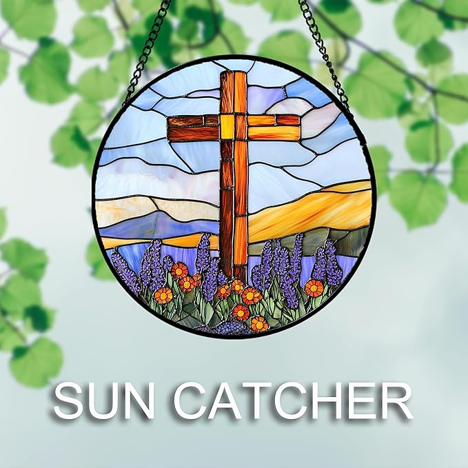 DASTOLL Christian Gifts for Women - Cross Stained Glass Window Hanging Jesus Easter Purple Flower Mountain Sun Catcher Garden Religion Decor Mother's Day Catholic Gift for Men Grandma Nana Her 7.8"