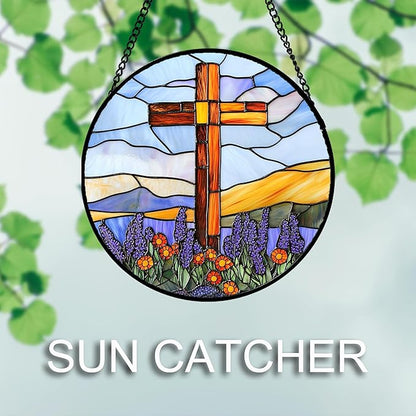 DASTOLL Christian Gifts for Women - Cross Stained Glass Window Hanging Jesus Easter Purple Flower Mountain Sun Catcher Garden Religion Decor Mother's Day Catholic Gift for Men Grandma Nana Her 9.8"