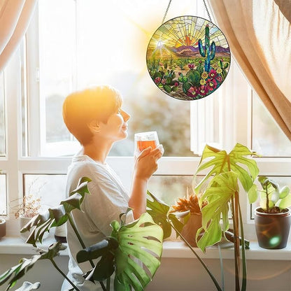 Bimkole Cactus Stained Glass Suncatcher Window Hanging - Plants Indoor Window or Doorway Decoration - Handmade Sun Catcher Decor for Garden Home Christmas & Birthday Gifts 7.87x7.87 Inch