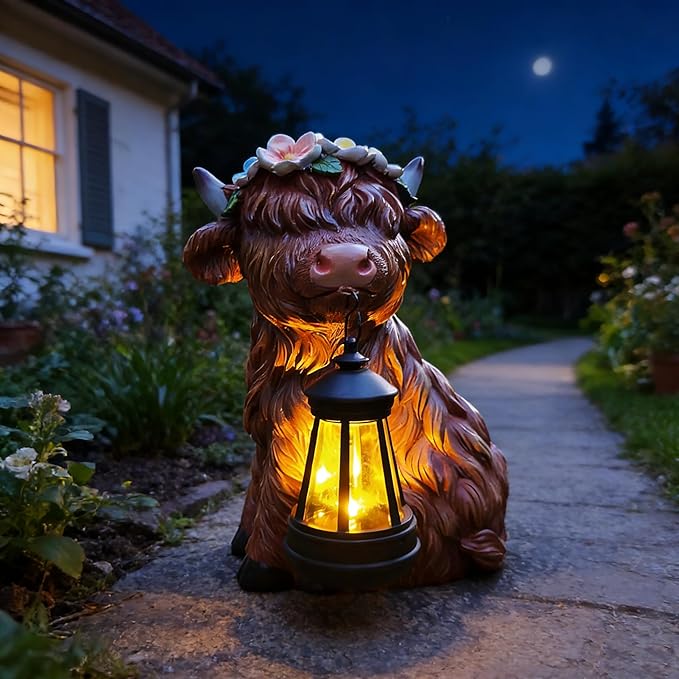 Garden Highland Cow Statue Solar Outdoor Decor with Flower Decoration，Funny Triple Highland Cow Decor Birthday Gifts for Women Mom，Highland Cows Figurine for Yard Garden Patio Lawn Ornaments