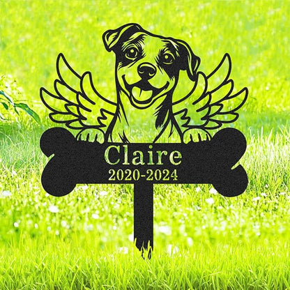 Custom Wings Dog Memorial Stake Bone Grave Marker, Personalized Jack Russell Terrier Memorial Garden Stake Yard Sign for Cemetery Lawn, Metal Sympathy Grave Marker for Dogs Memorial Plaque