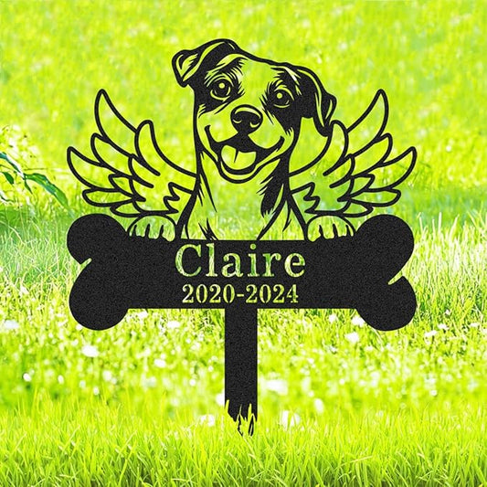 Custom Wings Dog Memorial Stake Bone Grave Marker, Personalized Jack Russell Terrier Memorial Garden Stake Yard Sign for Cemetery Lawn, Metal Sympathy Grave Marker for Dogs Memorial Plaque