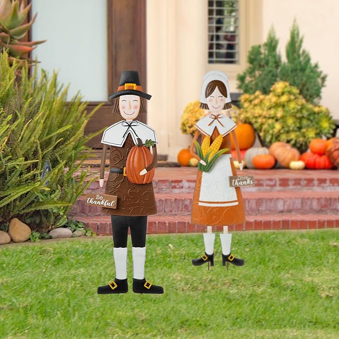 Glitzhome Thanksgiving Decorations Outdoor, 36" Metal Pilgrim Boy Give Thanks Yard Welcome Sign with Stake Wall Hanging Decor for Yard Garden Lawn Pathway