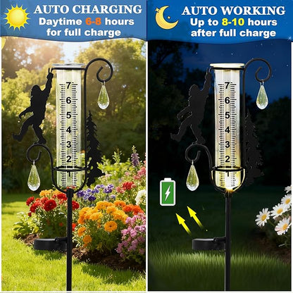 J-Fly Solar Light Rain Gauge, Black Metal Sasquatch Design with Glass Tube, 7 Inch Decorative Garden Stake for Outdoor Weather Measurement, Yard Decor