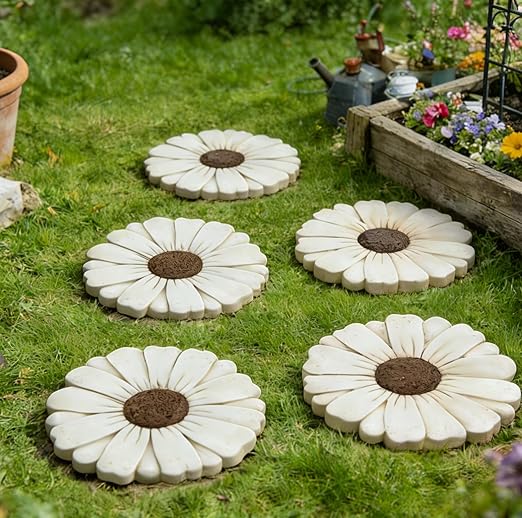 Landoraloria Cement Flower Stepping Stone 10” Daisy Garden Path Stone for Yard & Walkway Handcrafted Non-Slip Outdoor Patio Decor Weather-Resistant Cement Stone (White)