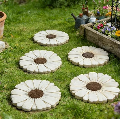 Landoraloria Cement Flower Stepping Stone 10” Daisy Garden Path Stone for Yard & Walkway Handcrafted Non-Slip Outdoor Patio Decor Weather-Resistant Cement Stone (White)