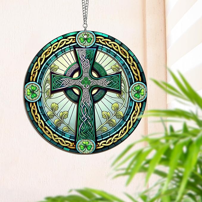 FLAGWIX St Patricks Day Decorations - Saint Patricks Day Decor, Double Layered Hanging Suncatcher 8 inch, Shamrock Celtic Cross for Home Window Garden - Irish Gifts for Men Women Friends Family