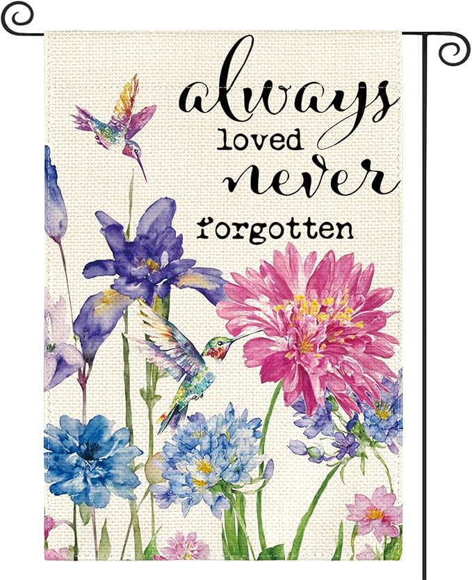 AVOIN colorlife Always Loved Never Forgotten Memorial Garden Flag 12x18 Inch Double Sided, Hummingbird Spring Summer Yard Outdoor Decoration