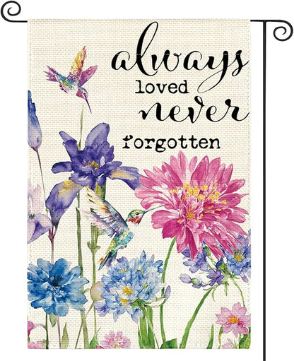 AVOIN colorlife Always Loved Never Forgotten Memorial Garden Flag 12x18 Inch Double Sided, Hummingbird Spring Summer Yard Outdoor Decoration