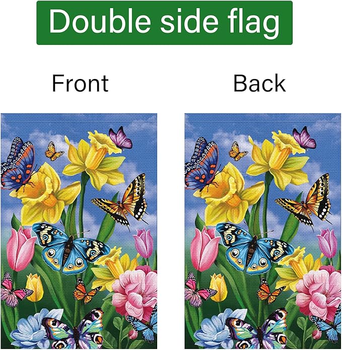 Louise Maelys Spring Daffodil Garden Flag 12x18 Double Sided, Burlap Small Butterfly Floral Flower Welcome Yard House Outside Outdoor Summer Decoration