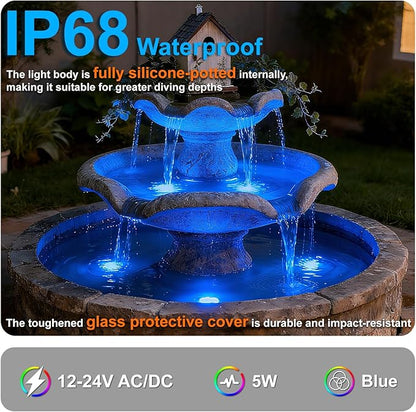 5W Submersible LED Pond Lights, Blue Color 12V Wired Low Voltage Outdoor Underwater Spot Lights for Pond Fountain Waterfall, 45° Beam Angle, IP68 Waterproof Stainless Steel, Black, 6PK
