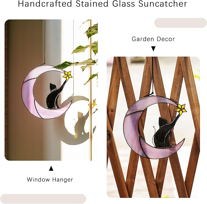 HDCRYSTALGIFTS 6.5'' Black Cat Decor on Purple Moon Stained Glass Window Hanging Suncatcher,Wall Art Glass Window Panel Sun Catcher,Halloween Decoration Memorial Gift for Lover Cat Loss