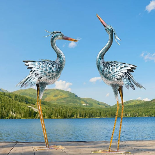 chisheen Large Garden Crane Statues Outdoor Sculptures, Metal Yard Art Heron Decor Standing for Indoor Outdoor Decor, Bird Statues for Patio Lawn Porch Decorations, Set of 2