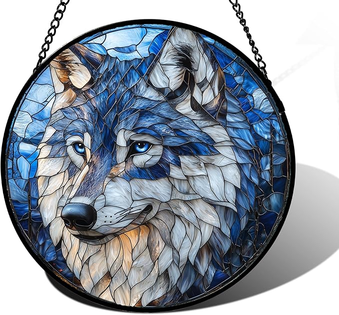 DASTOLL Stained Glass Window Hanging - Funny Wolf Suncatcher Ready to Hang Window Doors Home Decoration and Christmas, Mother's Day Birthday Gifts for Women, Men, and Mom 7.8x7.8 in