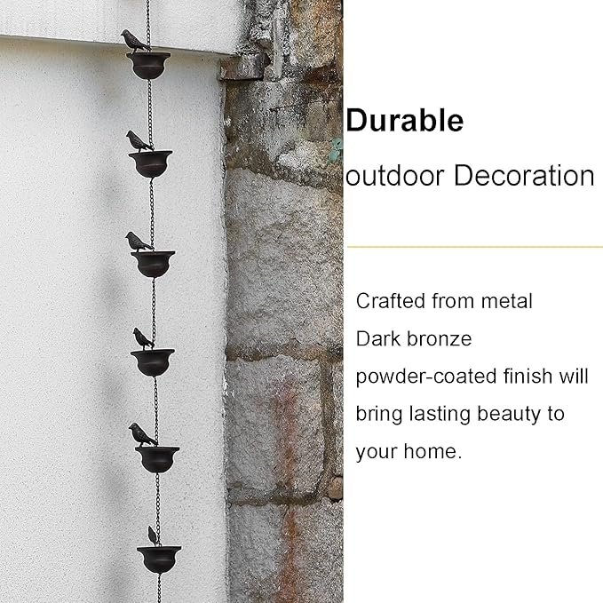 Jemeni 5.5 Feet Rain Chain with 8 Birds on Cups - Dark Bronze Metal Gutter Chain, Easy Install with Attached Hanger