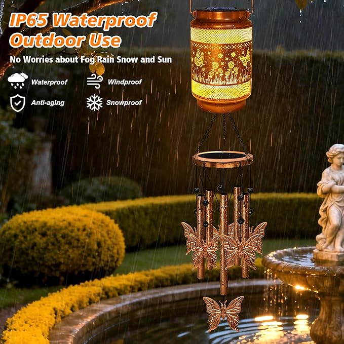 Butterfly Solar Wind Chimes for Outside, Gifts for Mothers Day Mom Women Grandma Birthday Memorial Teacher, 32" Windchimes Outdoor Decor Hanging Solar Lantern for Garden Porch Patio Backyard