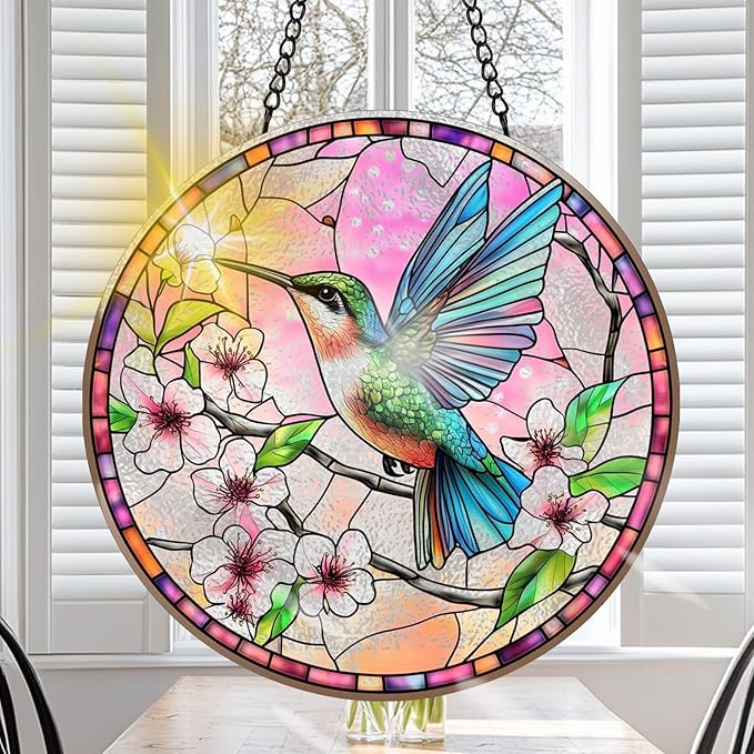 VAIIEYO Hummingbird Sun Catcher Stained Glass Window Hanging Ornament, Handmade Sun Catcher Animal Decoration with Hooks, Window Garden Home, Birthday Housewarming (7.8 inch)