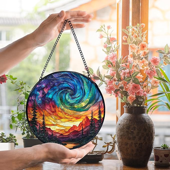 Northern Lights Suncatcher Stained Glass Window Hanging, Nature Mountain Aurora Borealis Sun Catchers Indoor Window Glass Wall Art Decor, Nature Wall Hanging Decor, 7.9x7.9 Inch 036-MH-BLGH
