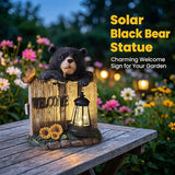 Garden Black Bear Welcome Sign with Solar Lantern, Decorative Outdoor Statue with Butterfly and Sunflowers, Lawn and Porch Decor