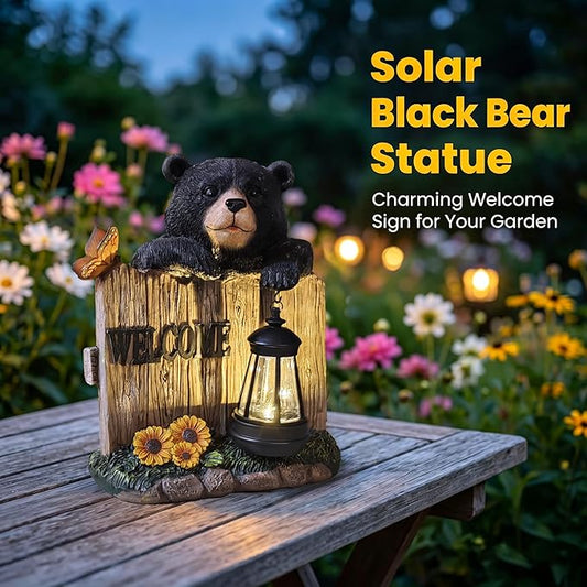 Garden Black Bear Welcome Sign with Solar Lantern, Decorative Outdoor Statue with Butterfly and Sunflowers, Lawn and Porch Decor