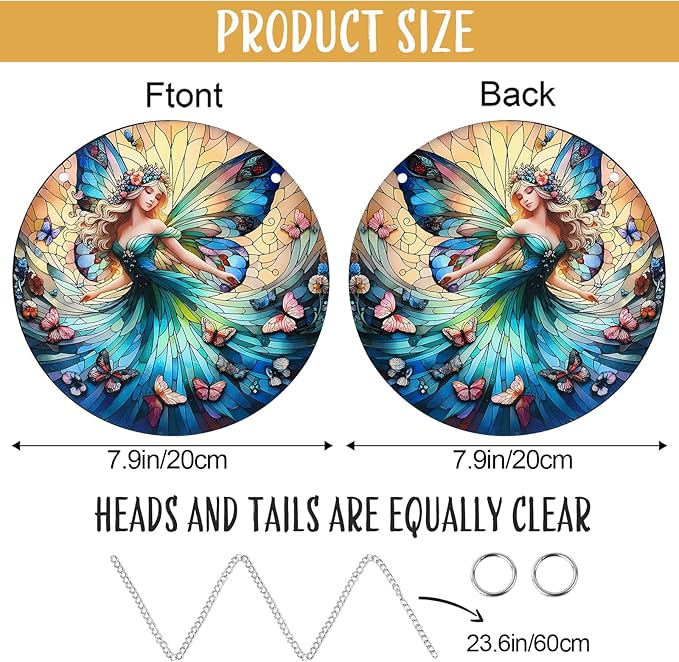 Butterfly Girl Fairy Suncatcher Acrylic Flower Fairy Window Hanging Stained Sun Catchers Indoor Window Decor with Chain Home Garden Decoration 7.8 inch YKA188 (C)