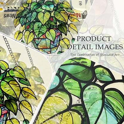 Plant Suncatcher Glass, Stained Glass Suncatcher Plant Window Hanging, Unique Nature Lover Gifts Leaf