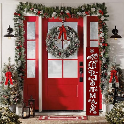 Merry Christmas Sign Xmas Front Door Hanging Decor Wooden Vertical Indoor Outdoor Porch Standing Signs For Garden Home Yard Farmhouse Porch 47.2 x 7.8 Inch